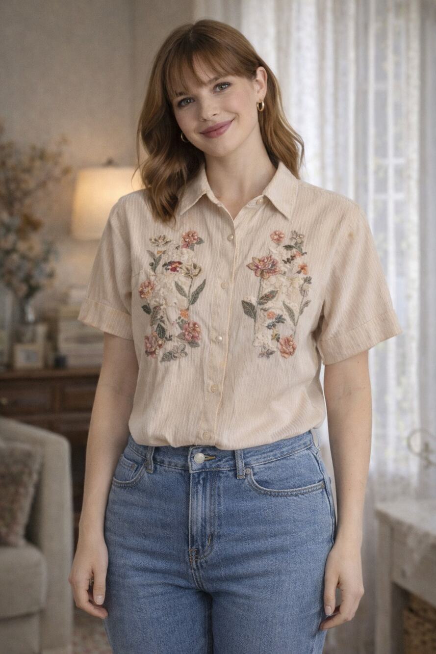 Vintage Embroidered Floral Beaded Shirt Small Cottagecore Grannycore Cotton